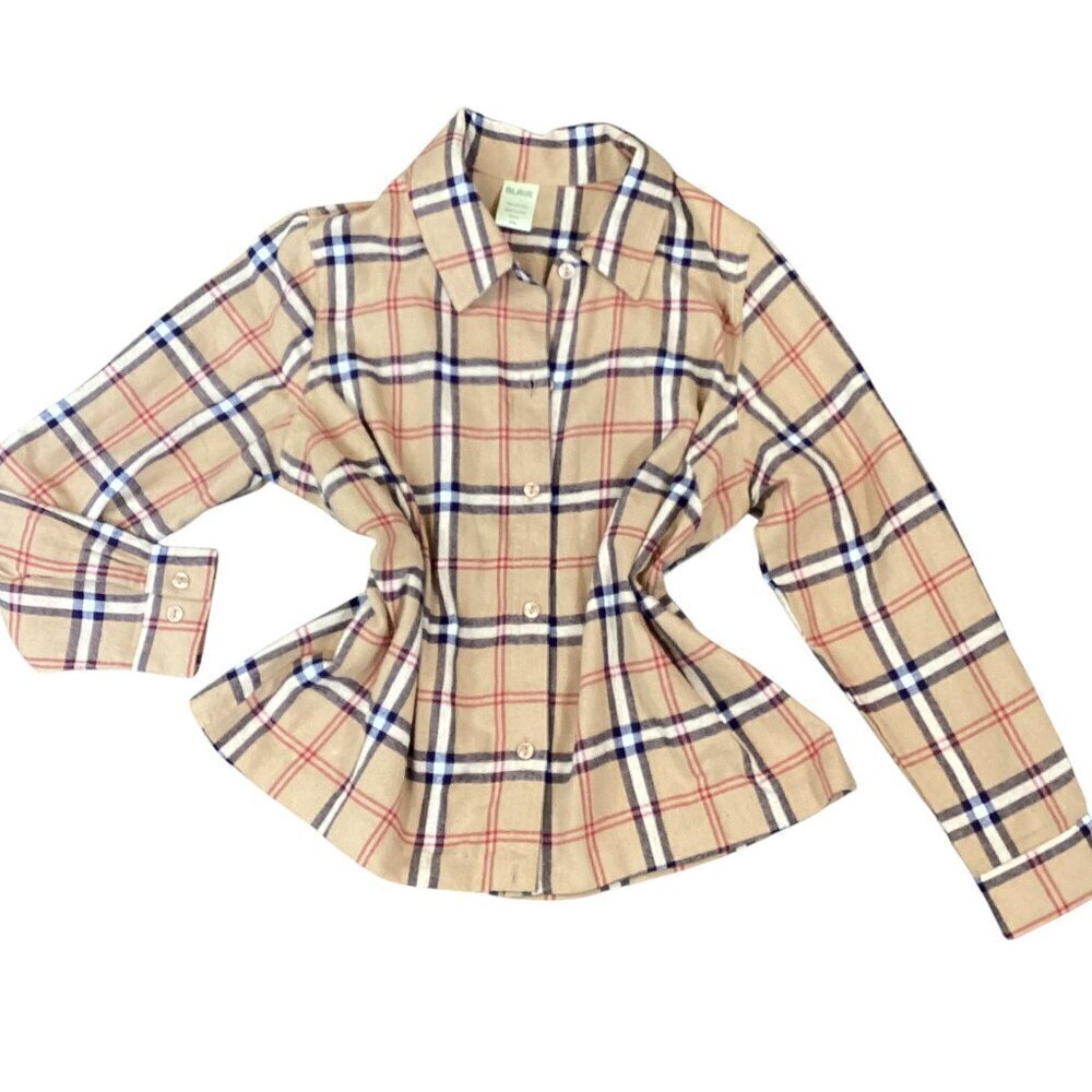 Classic Beige/Tan Plaid Flannel Button-Up Top Sz PM Cotton #319B